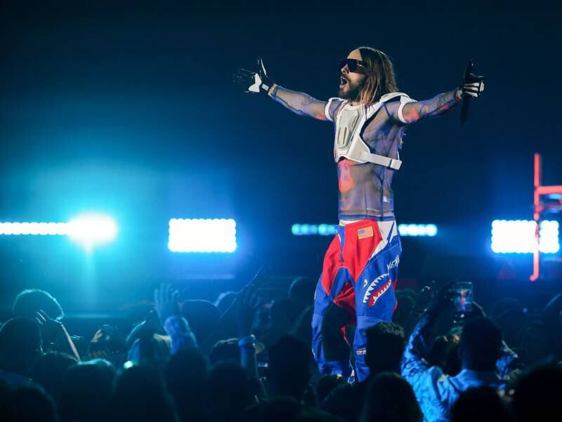 LAS VEGAS, NEVADA - SEPTEMBER 23: Jared Leto of Thirty Seconds to Mars performs onstage during the 2023 iHeartRadio Music Festival at T-Mobile Arena on September 23, 2023 in Las Vegas, Nevada. (Photo by Ethan Miller/Getty Images)