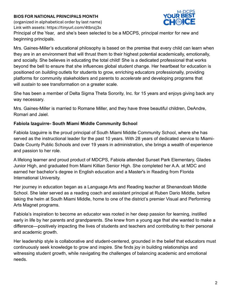M-DCPS National Principals Month bios