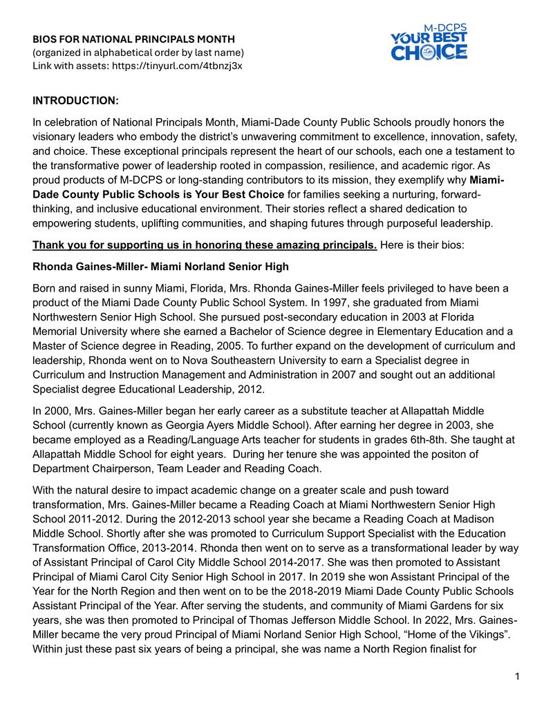 M-DCPS National Principals Month bios
