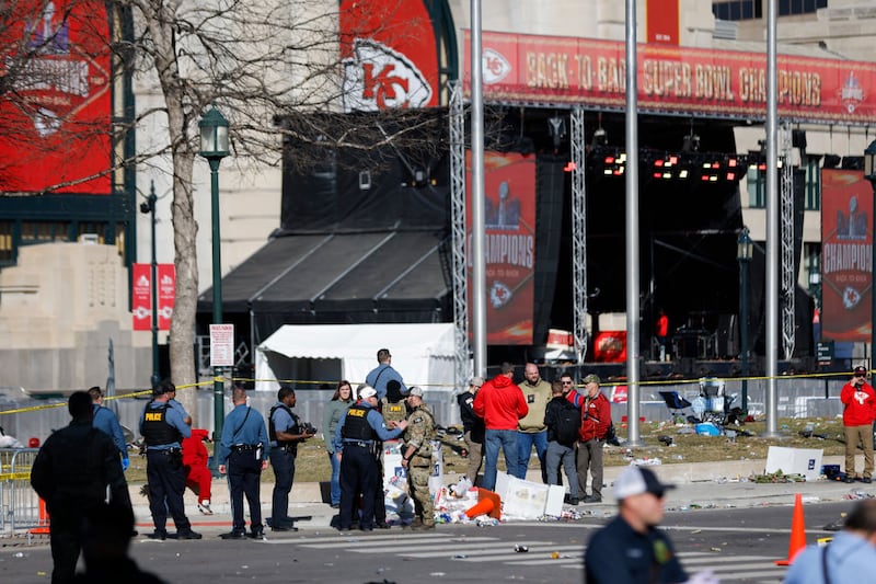 KANSAS CITY, MISSOURI - FEBRUARY 14: Law enforcement respond to a shooting at Union Station during the Kansas City Chiefs Super Bowl LVIII victory parade on February 14, 2024 in Kansas City, Missouri. Several people were shot and two people were detained after a rally celebrating the Chiefs Super Bowl victory. (Photo by David Eulitt/Getty Images)